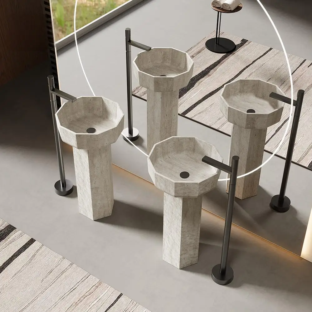 Artistic  Marble Pedestal Sink | Handcrafted Freestanding Wash Basin for Outdoor, Balcony, Villa