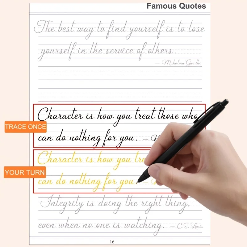 

Тетрадь для каллиграфии для взрослых: 32 страницы с современным курсивом, алфавитом и известными цитатами для отработки почерка.