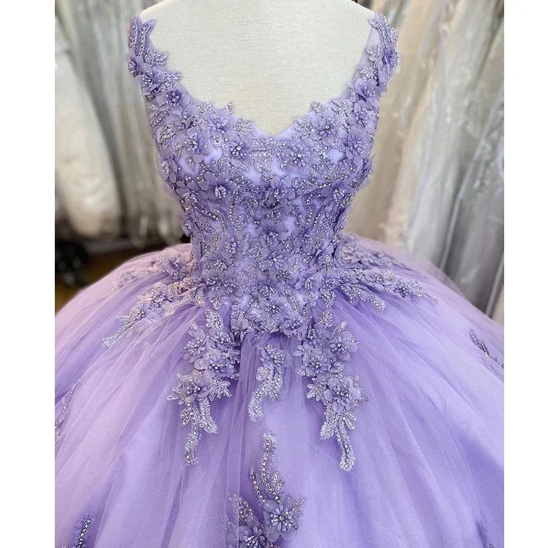 Licht Lavendel Bloemenprint Kristal vestido de prinses Zoete Mooie Spaghetti V-hals Corset Quinceanera Jurk Aangepaste