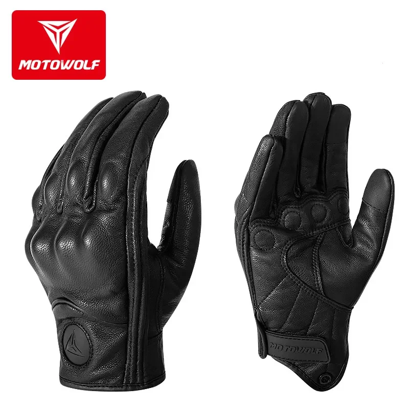 

Motowolf Leather Motorcycle Gloves Men Summer Moto Gloves Full Finger Perforated Retro Racing Gloves For Motocross Riding