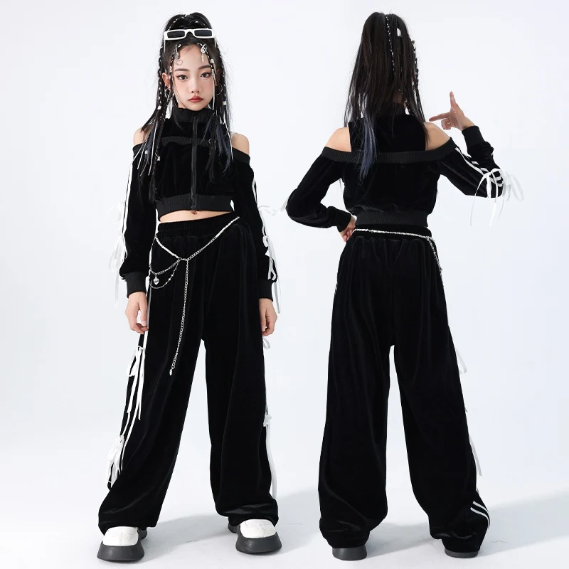 세트 재즈 댄스 소녀 키즈 의류, 힙합 크롭탑 긴팔 바지, 세트 캣워크 쇼 의상, DQL9775