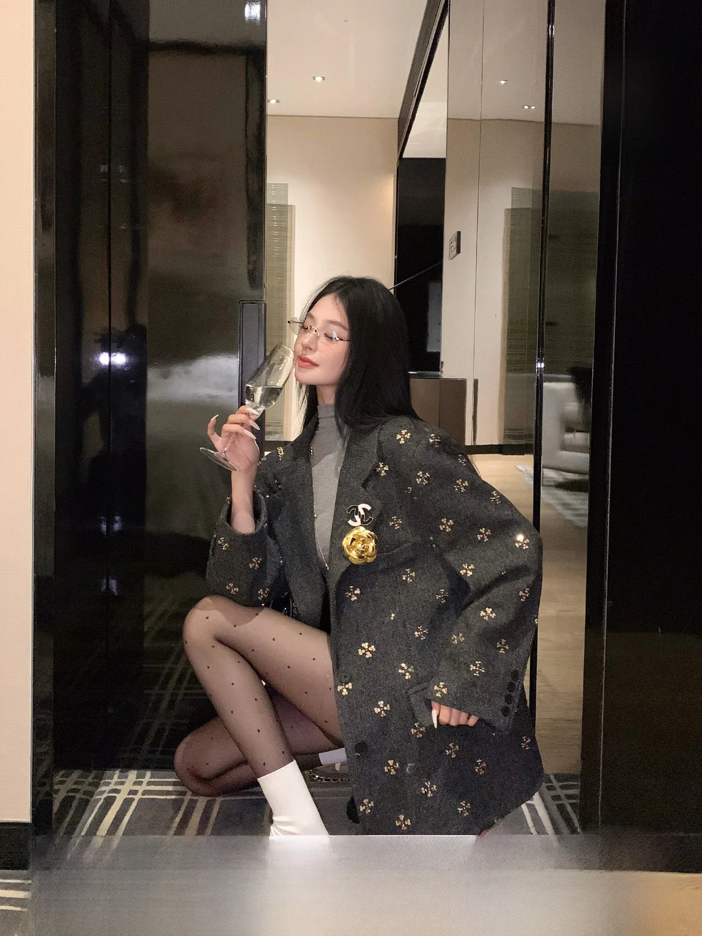 

Ele Beaded Suiting Jaet Women's Glittering Heavy Embelliment Casual Sle Long Sve Autumn Commute Faion Outerwear