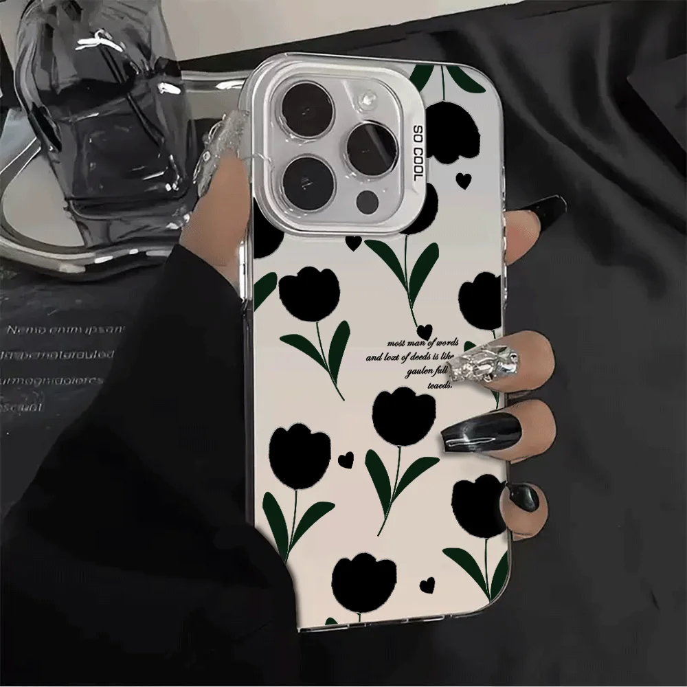 Luxury Case For Samsung Galaxy S26 S25 Note 20 FE Edge Ultra S26 Ultra A56 A55 A16 A26 A56 A55 5G Black Tulip Floral Heart Cover