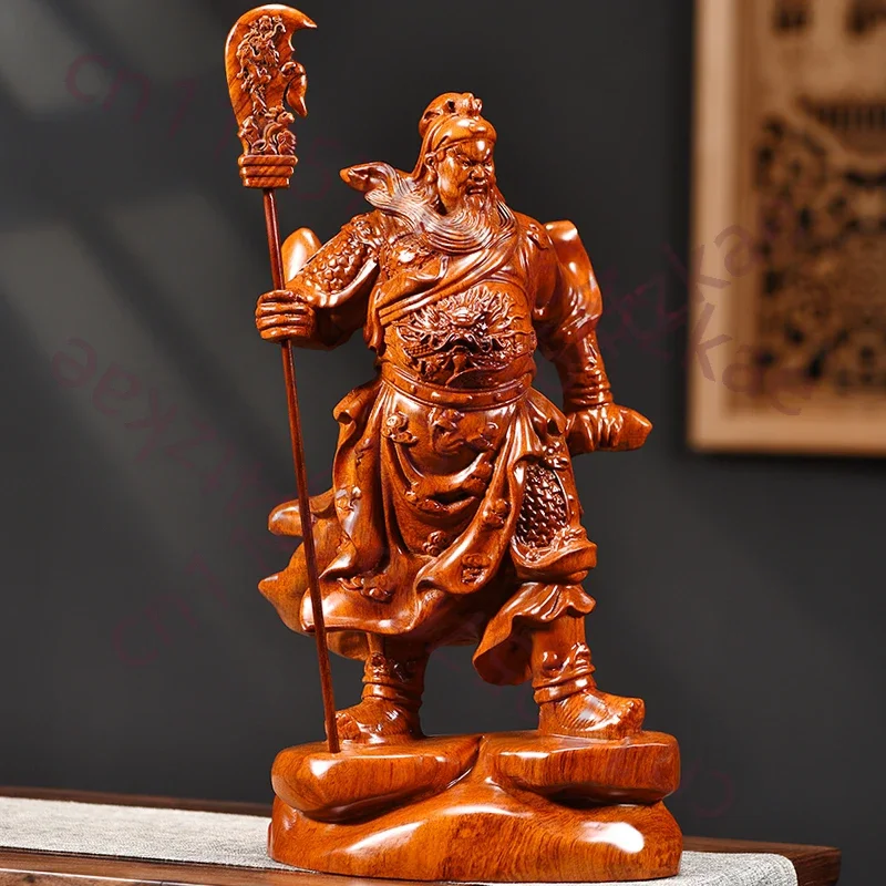 Rosewood Carved Guan Gong Statue - Martial God of Wealth Guan Yu Figurine, Shop & Office Decor