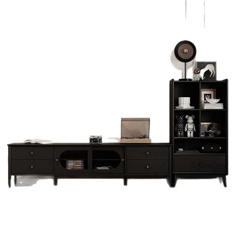 

All solid wood TV cabinet, oak retro, black light luxury, high sense, glass American style