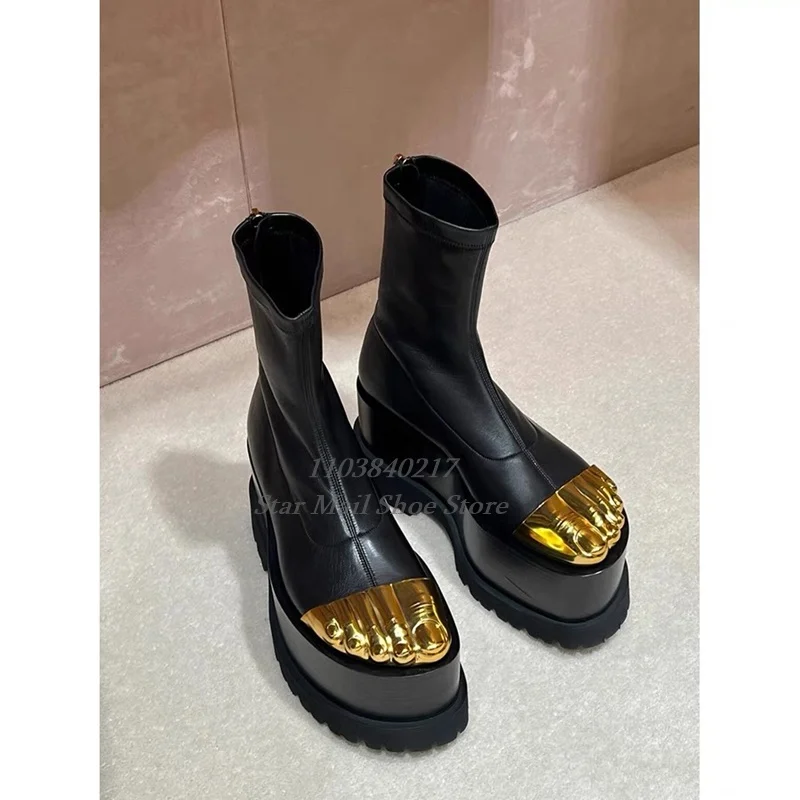 Super High Platform Patent Leather Gold Five-Toe Ankle Boot Flat Heel Thick Sole Back Zipper Boot Winter  Hot Chick Catwalk Shoe