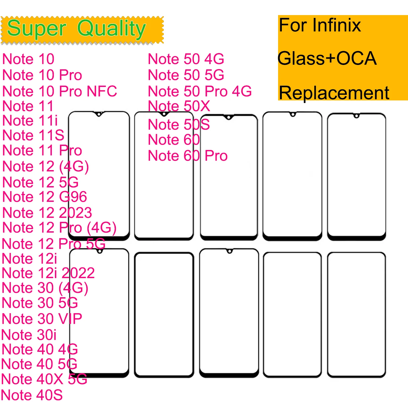 10Pcs/Lot For Infinix Note 60 Pro 50 50X 40 40X 5G 40S 30 Pro 30i 12 11 10 Touch Screen Front Outer Glass Panel Lens With OCA