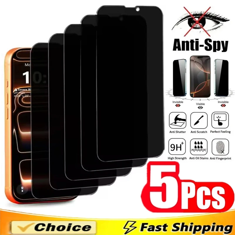 

5Pcs Privacy Screen Protector for IPhone 17 14 13 11 12 15 16 Pro Max Mini 14 15 16 Plus XR X XS MAX Anti-spy Tempered Glass