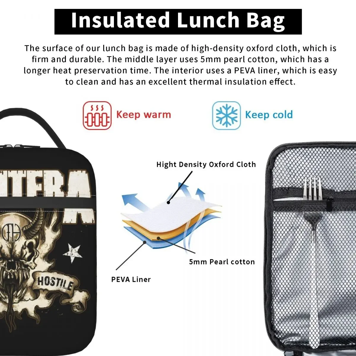 Pantera borse per il pranzo con isolamento termico del cranio ostential per Picnic Heavy Metal Band Portable Bento Box Cooler Thermal Food Box