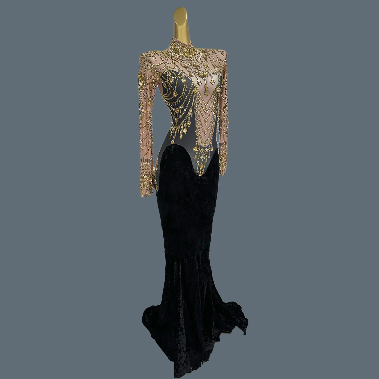 Elegant Gold Crystal Velvet Birthday Wedding Party Dress Ladies Trailing Ball Evening Gown Women Prom Mermaid Dresses Sirongqun