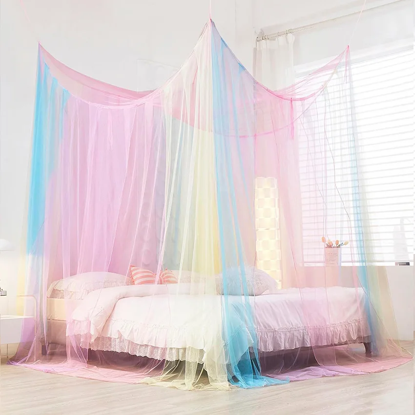 Summer Four Door Quadrate Curtain Without Bracket for Home Outdoor Bed Canopy Easy Installation