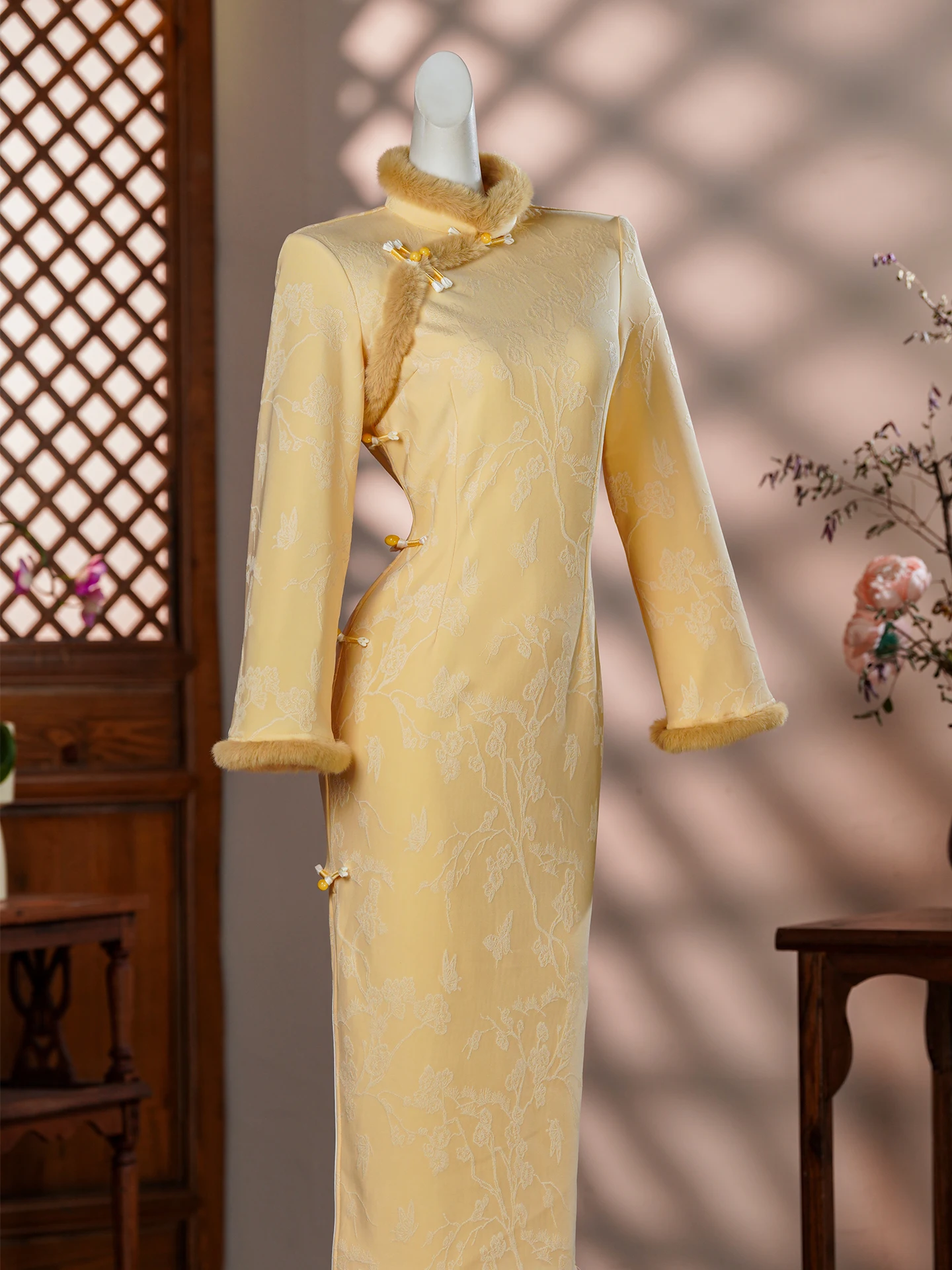 

Желтое винтажное длинное ципао Ele Young (обновленная версия) с завышенной талией, высокого качества, для молодых женщин