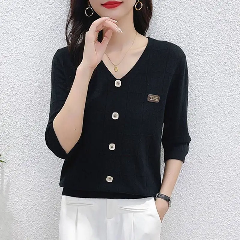 2024 Button autumn winter women's Female Bottoming Cardigan High Quality loose Quarter Sleeves Office Simple V-neck