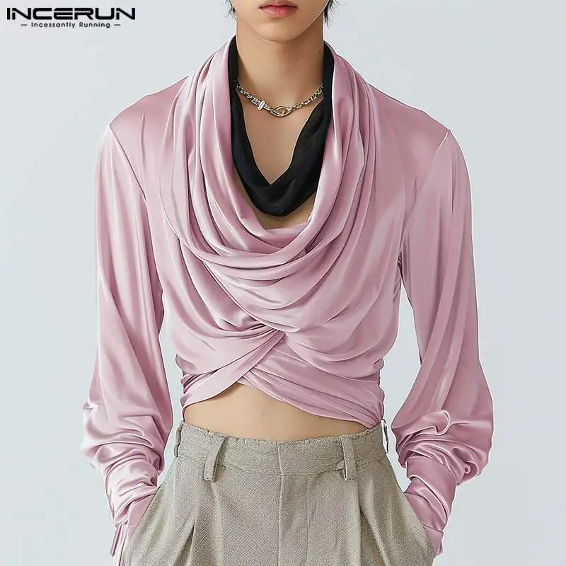 INCERUN Tops 2024 Korean Style Men\'s Fashion Pile Collar Design Shirts Sexy Casual Male Solid Cropped Long Sleeved Blouse S-5XL