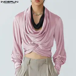 INCERUN Tops 2024 Korean Style Men's Fashion Pile Collar Design Shirts Sexy Casual Male Solid Cropped Long Sleeved Blouse S-5XL