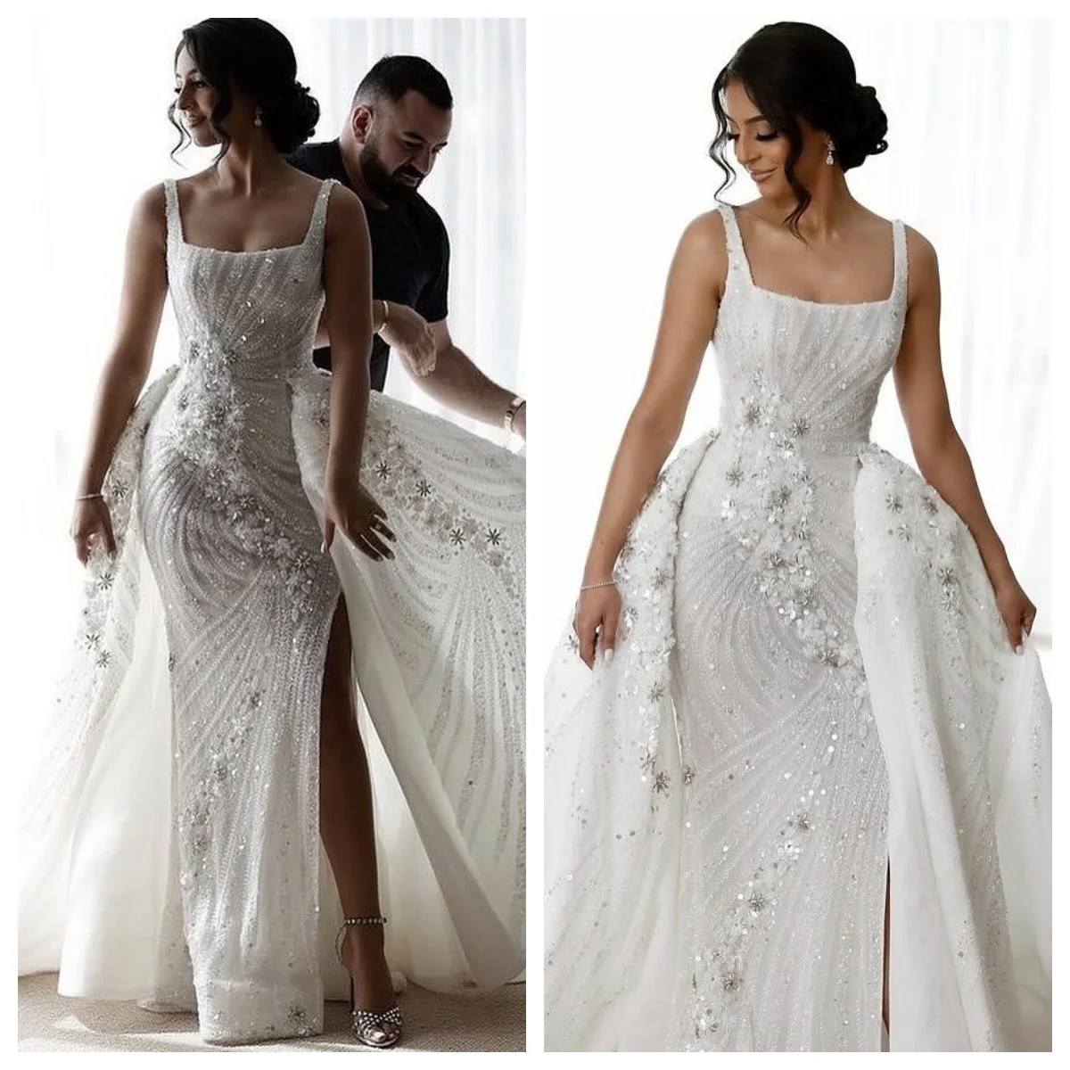

Exquisite Glitter Sequins Beads Bridal Dress Detachable Train Wedding Gown Square Neck Bride Robe Customized Vestido De Novia