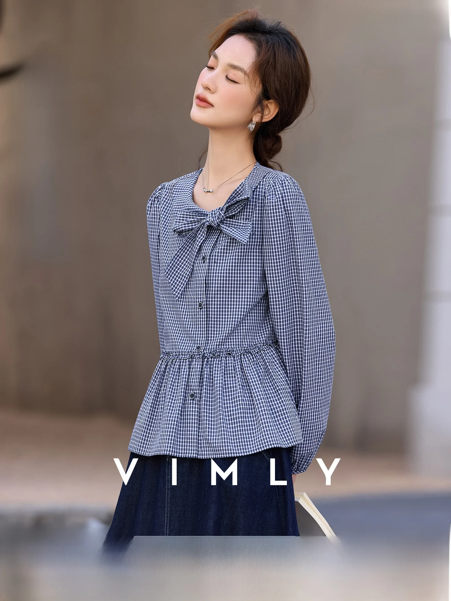 

Casual Blue Plaid Pure Cotton Shirt Women's Spring New Style Knot round Neck Long Sleeve Top Fashionable Comfortable