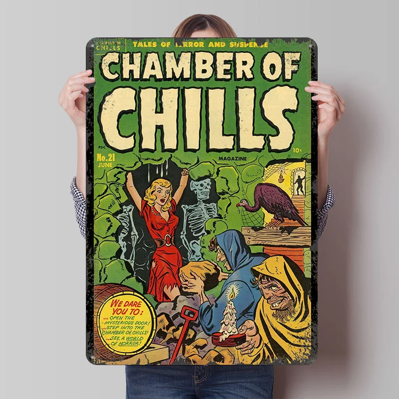 CHAMBER OF CHILLS 21 Tin Plaque Poster Customized Wall Art Retro Vintage Metal Signs for Man Cave Decoration Home Bathroom Decor
