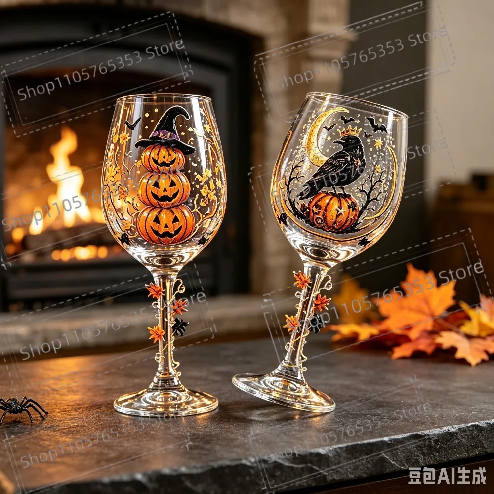 2026 Halloween Decorative Wine Glass, Embossed Halloween Goblet, Pumpkin Ghost Skeleton Pattern for Halloween Gift Set