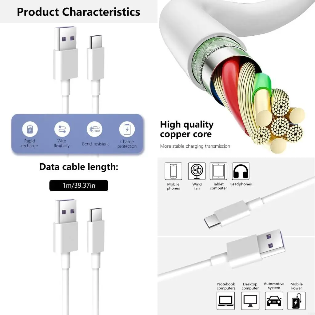 J1HD 5A Fast Charging Cable USB Male to USB C Male Power Cable Cord for Tablets Phones Quick Charging Data Wire