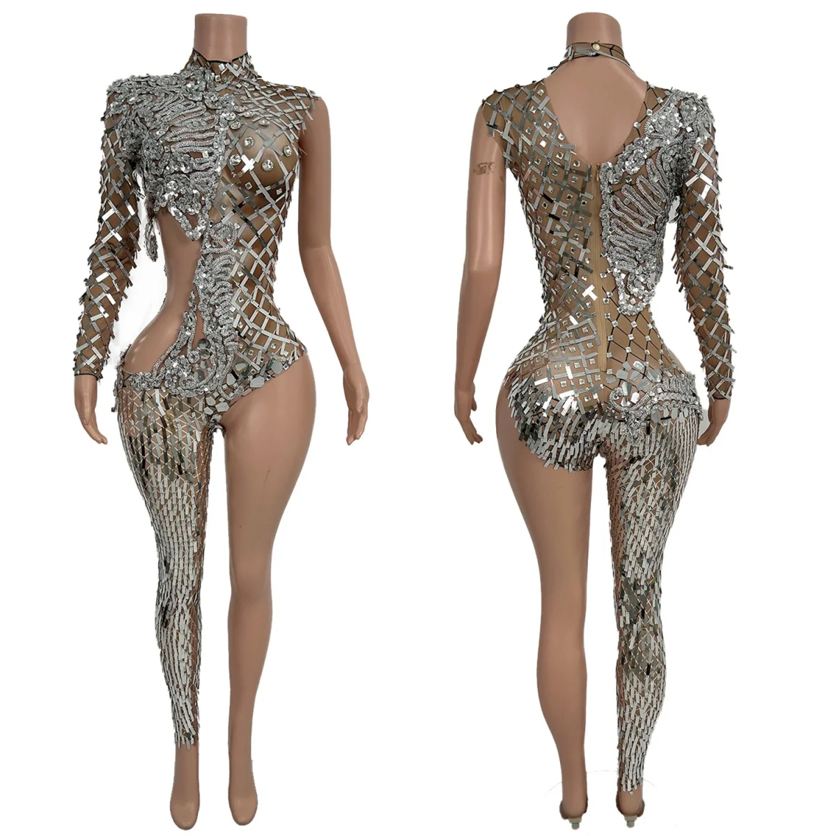 

Sexy Women Tight Fitting Asymmetrical Jumpsuit Sparkly Sequins Mesh Jumpsuit Nightclub Party Pole Dance Stage Performance Wear