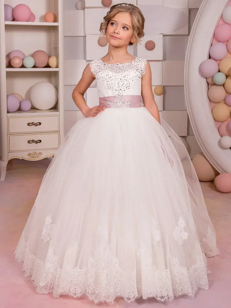 결혼식을위한 핑크 보우 민소매와 꽃의 소녀 드레스 생일 파티 연회 가운 화이트 Tulle 다이아몬드 레이스 아플리케