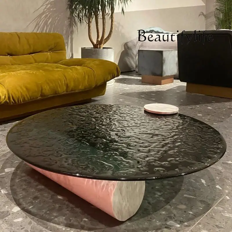 

Nordic Post-Modern Water Ripple Glass round Tea Table Designer Mild Luxury Marble Coffee Table