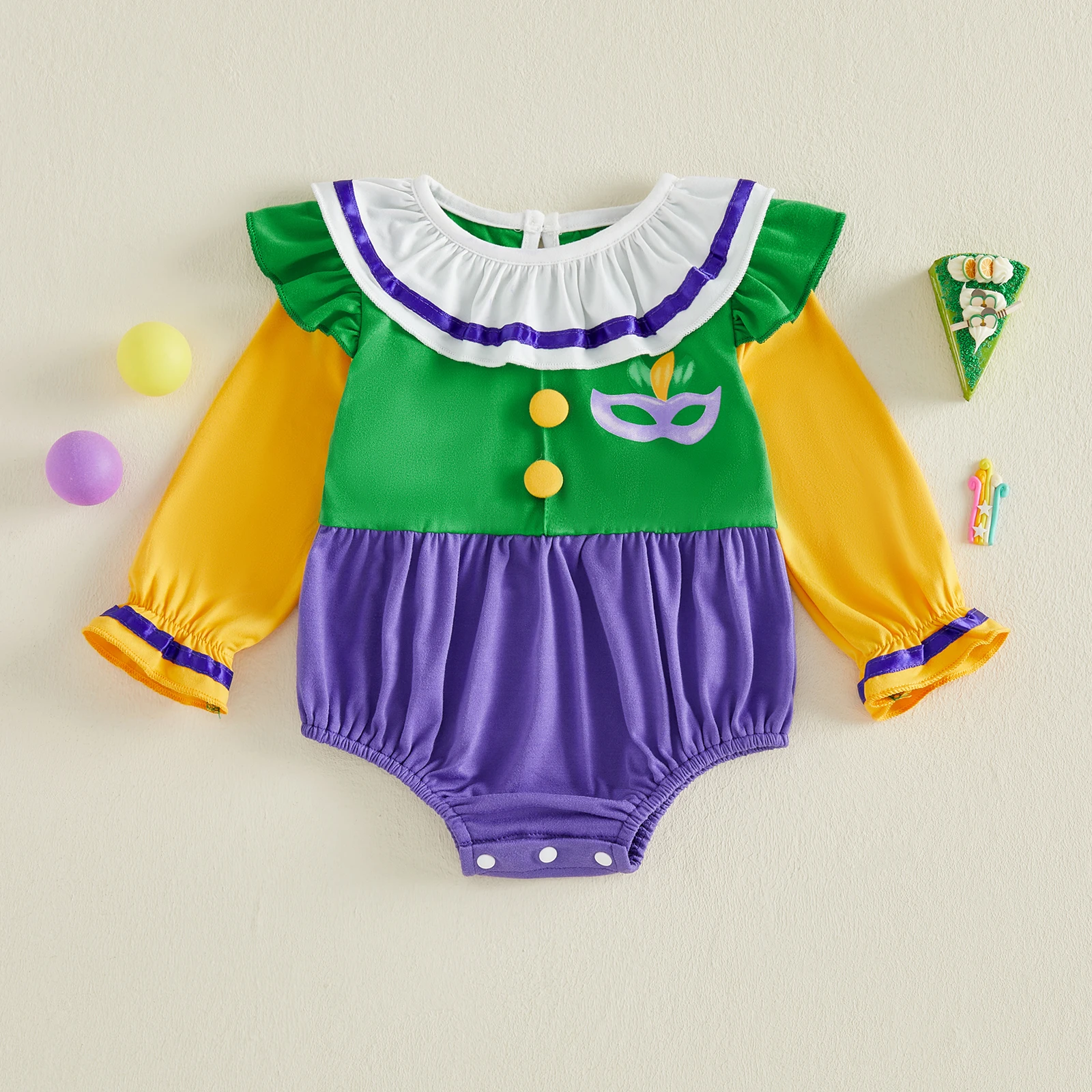 

Комбинезон для маленьких девочек, стильный комбинезон с длинными рукавами и круглым вырезом горловины, яркий дизайн с цветовыми блоками для празднования Марди Гра.