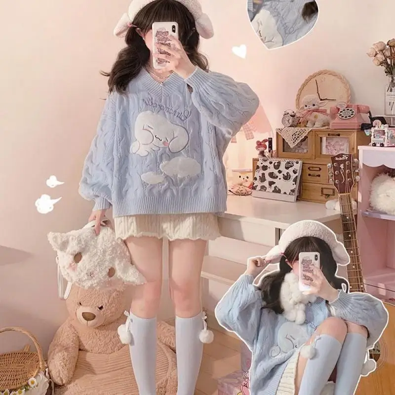 Kawaii Sanrios Cinnamoroll Women's Knitted Sweater Anime Long Sleeve Warm Pullover Spring Autumn Winter Casual Loose V-Neck Tops