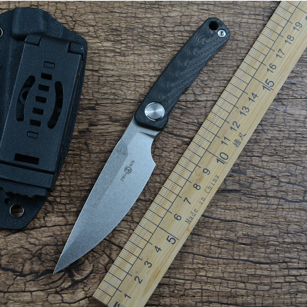 

TWOSUN TS540 Fixed Knife M390 Stonewashed Blade Black Carbon Fiber Handle Kydex Sheath for Hunting Outdoor