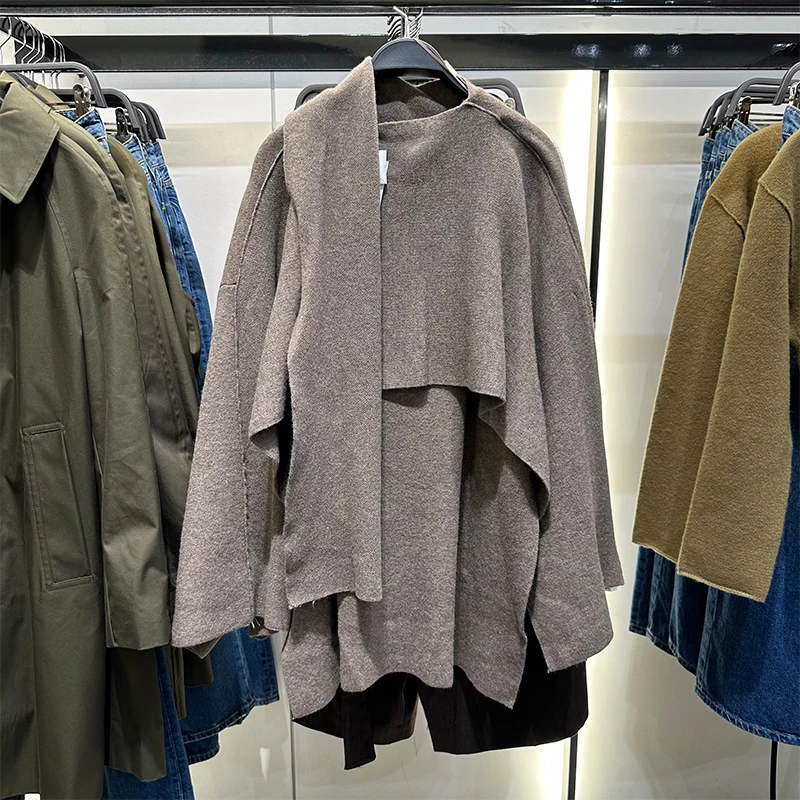 

Осень-зима, коричневый капюшон Ne, трикотаж с шарфом, свободное пальто, женский модный длинный свек, кардиган обычного кроя Kiss