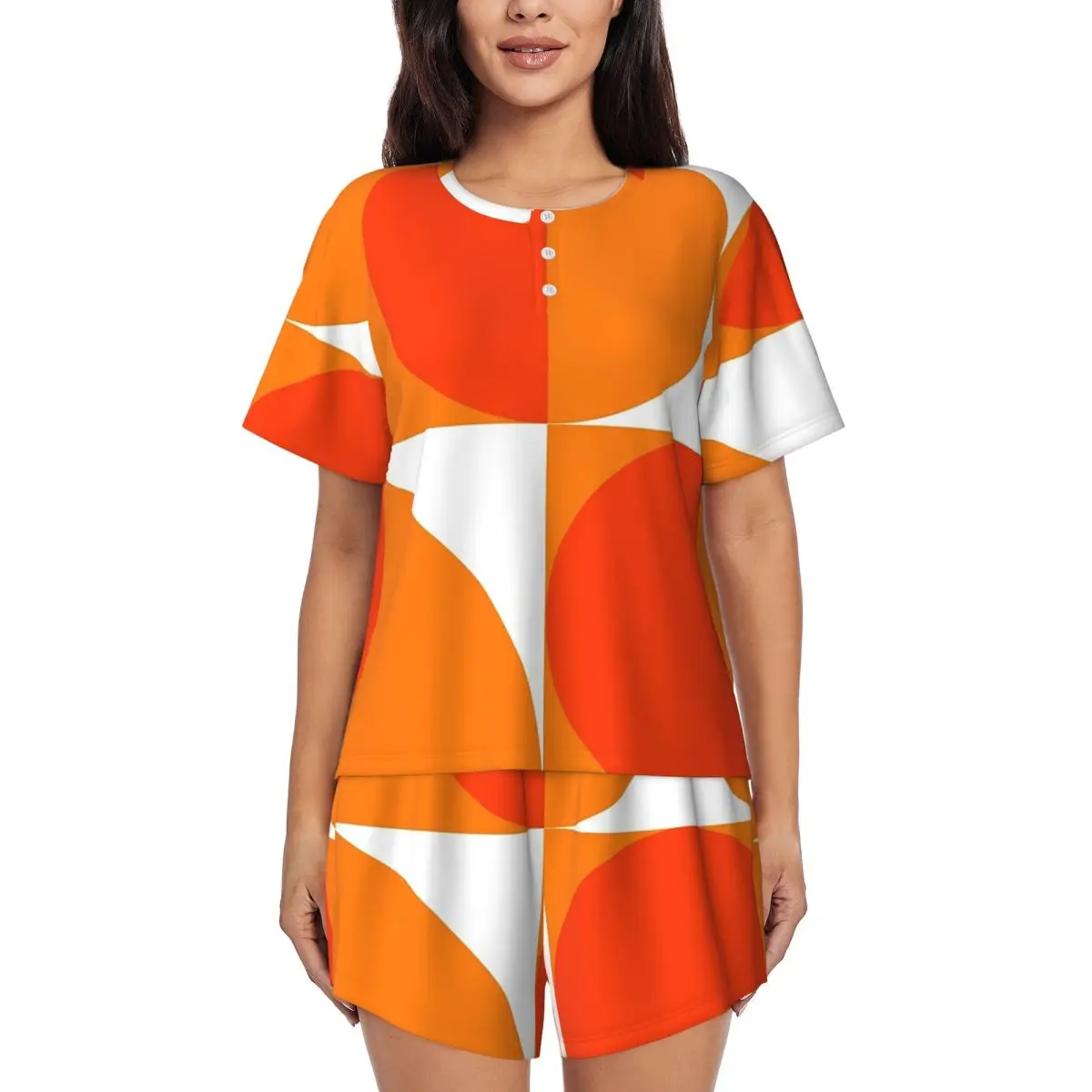 

Orange Bauhau Round Neck Short Sleeve Nightgowns for Sleeping Sleepshirts Women Soft Pajama Set Short Pants