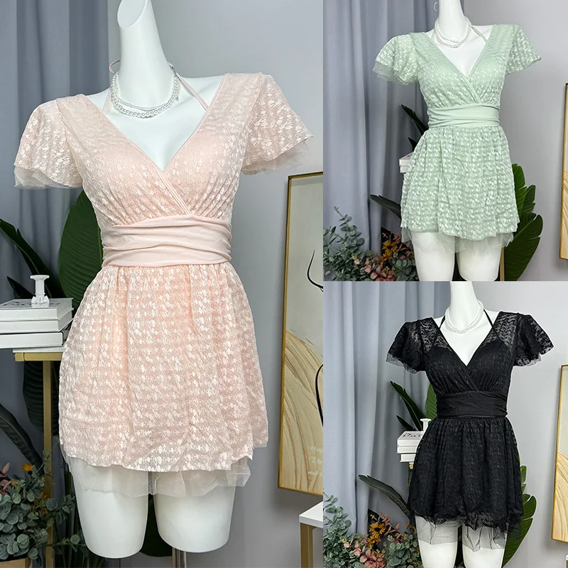 costumi da bagno sexy con stampa in pizzo moda coreana un pezzo halter profondo scollo a V manica corta mini abito culottes bikini costumi da bagno imbottiti