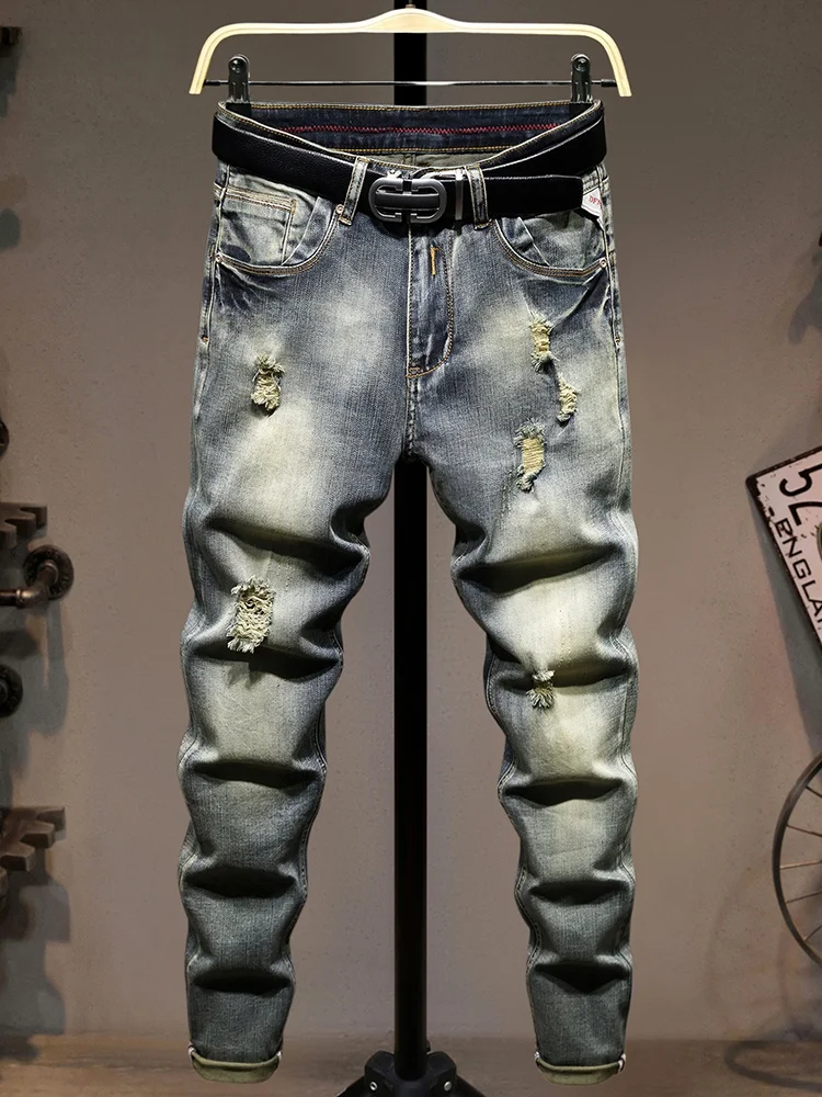 

Heavyweight Men's Denim Jeans Slim Fit Elastic Waed Patchwork Korean Sle Trendy Straight Leg Long Trousers Youth Faion