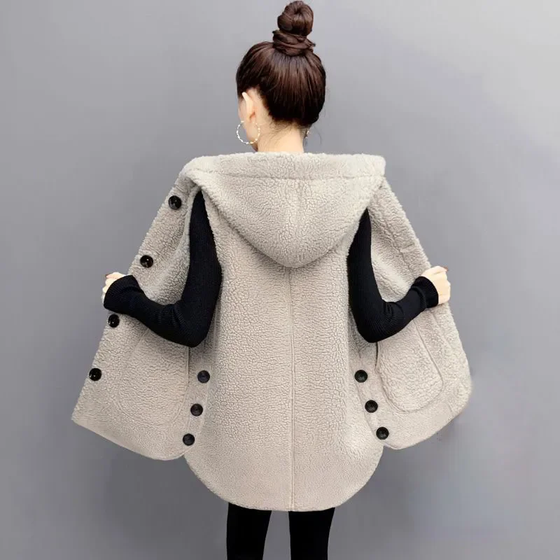 

Lambskin Waistcoat Women Autumn Winter New Hooded All-Match Vest Mid-Length Plus Velvet Thicke Warm Ware-Shoulder Loose Coat Top