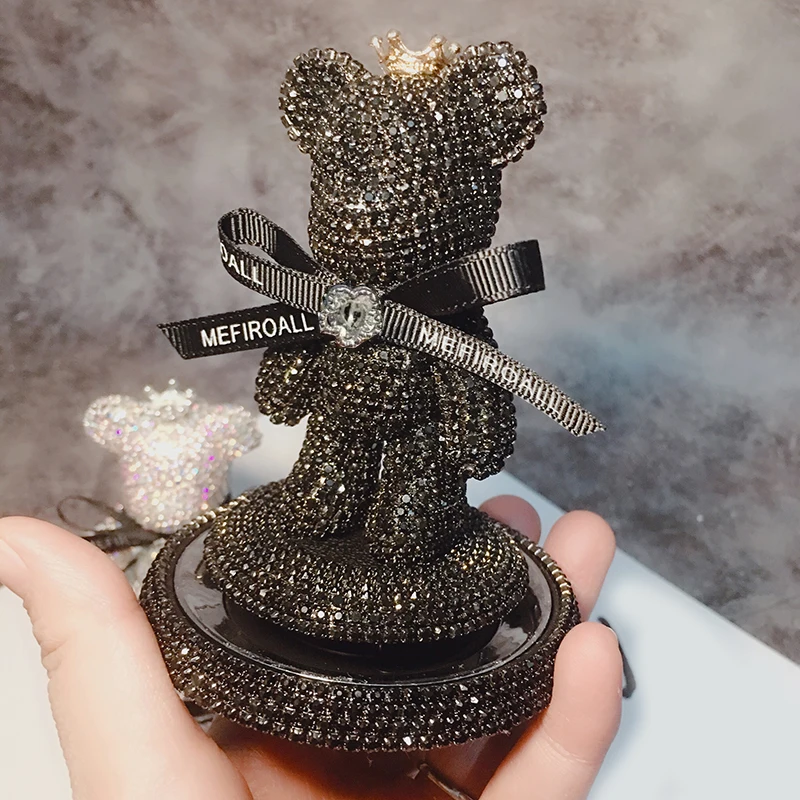 Cute Cartoon Diamond Teddy Bear Car Dashboard Decorations Bowknot Rhinestones Auto Ornament Auto Solid Car Perfume Sticker