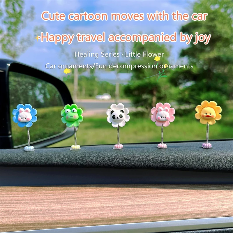 2/5Pcs Car Dashboard Ornament Cute Shaking Head Center Console Decoration Cartoon Creative Animal Sunflower Small Ornaments