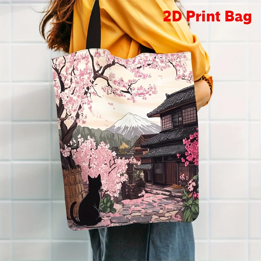 Stylish Cherry Blossom Shoulder Bag Sakura Cat Tote Bag Large Capacity, Modern Design Polyester Material for Shopping Handbag