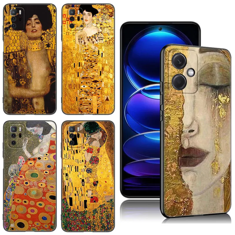 Art Gustav Klimt Black Silicone Phone Case For Xiaomi Redmi Note 9 10 11 11S 11T 12 13 Pro 5G Plus 9S 10S 12S