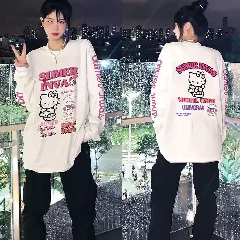 

Sanrio Hello Kitty футболка в стиле хип-хоп в американском стиле, модные женские футболки из чистого хлопка с длинными рукавами, свободный универсальный топ с милым мультяшным рисунком
