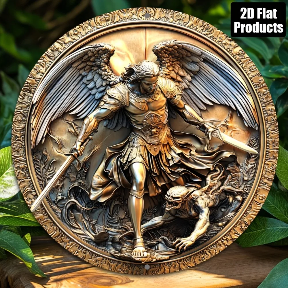 2D 1PC Angel Warrior rundes Aluminium-Metallschild, 20,3 x 20,3 cm, Wanddekoration für Zuhause, Bar, Café, Büro, drinnen und draußen
