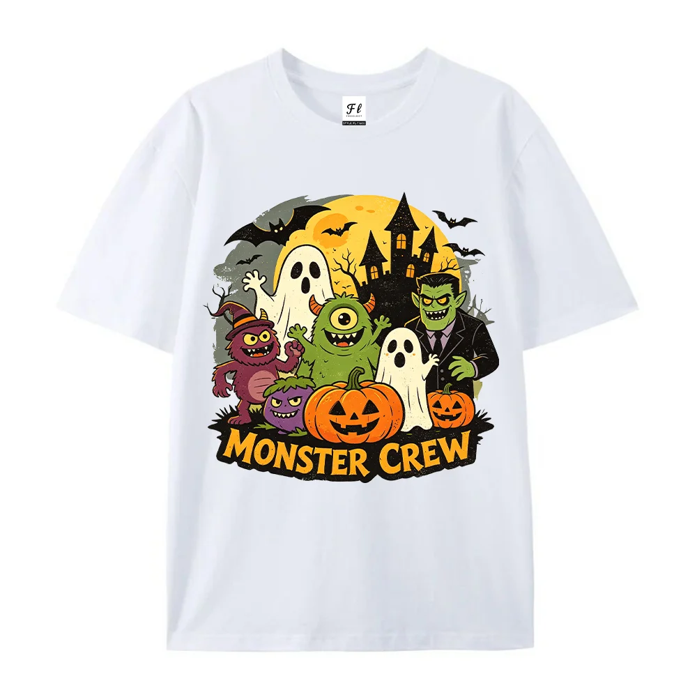 Women Monster Crew Halloween Graphic Print Short Sleeve T Shirt Cute Spooky Pumpkin Ghost Casual Streetwear Top