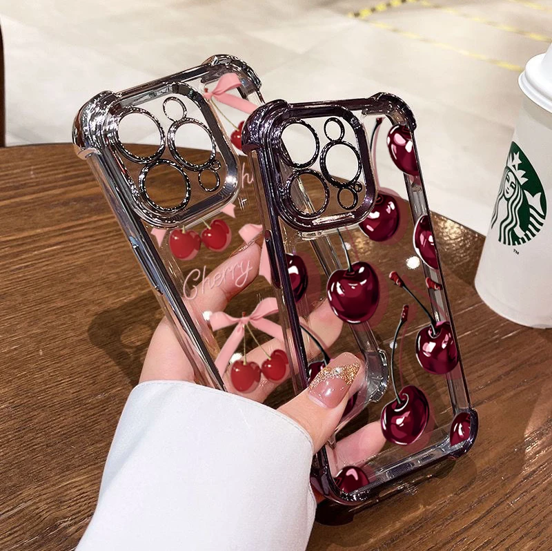 Case For iPhone 16 17 Pro Max 17air 15 Plus 16E 11 ProMax Cute Plating Bow Cherry Lichee Transparent Shockproof Soft Cover