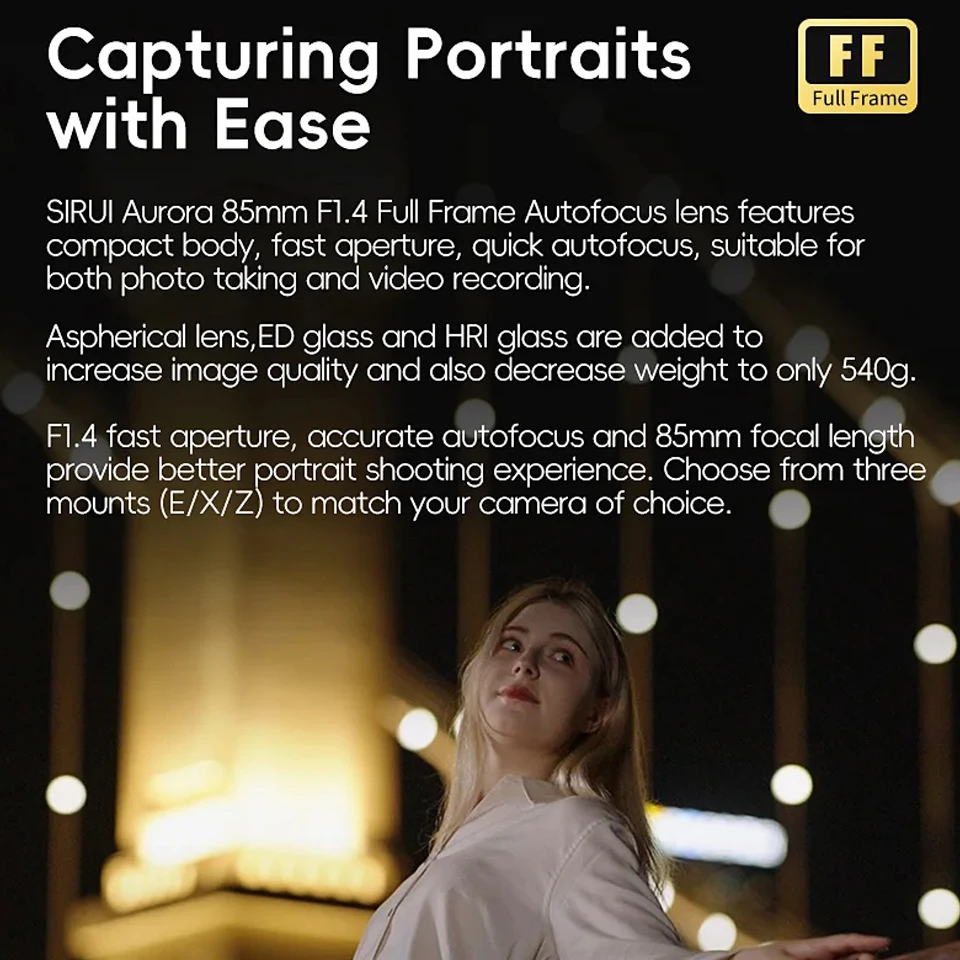 Sirui AF 85mm F1.4 Full Frame Auto Focus Lens Large Aperture Portraits Lens for Sony A6400 Fuji X-T10 Simga FP