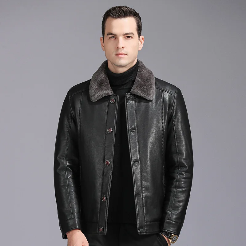 Winter Fleece Leather Jacket Men Thick Warm Cashmere Real Leather Jackets Mens Outwear Fleece Fur Collar Windbreaker Coat Male