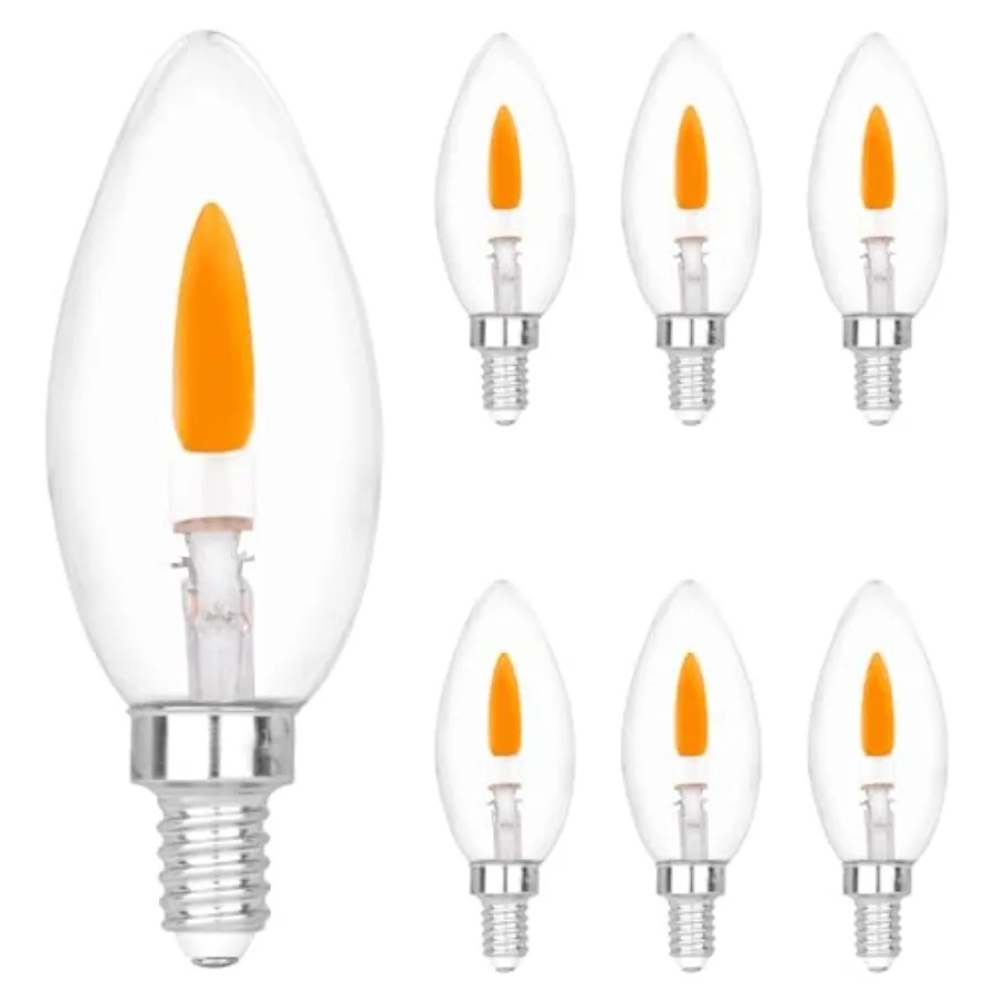 

E12 Base Miniature Screw C35 Flame Tip Flicker Bulbs - Crystal Clear Candle Light with Orange Glow Effect for Halloween E12 Non