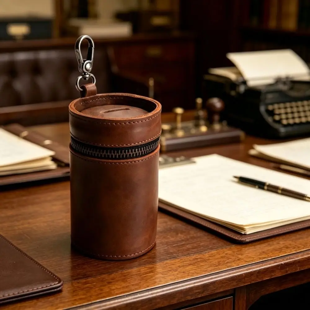 PU Leather Coin Storage Bank Handmade Round Zipper Car Interior Piggy Bank Cylindrical Portable Money Clip For Car Cup Holder