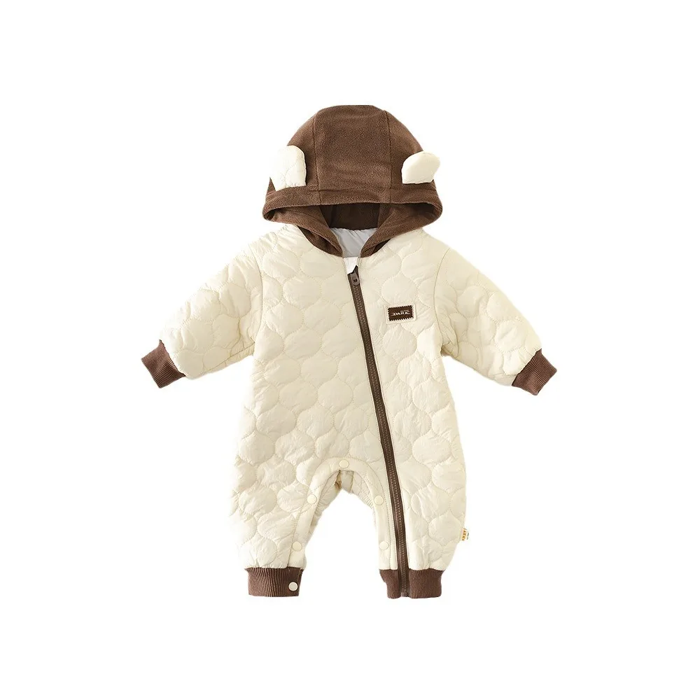 Autumn Winter Korean Baby Boy Rompers Cotton Quilted Hooded Bear Ears Zipper Thickened Infant Boys Bodysuit Newborn Boy Jumpsuit