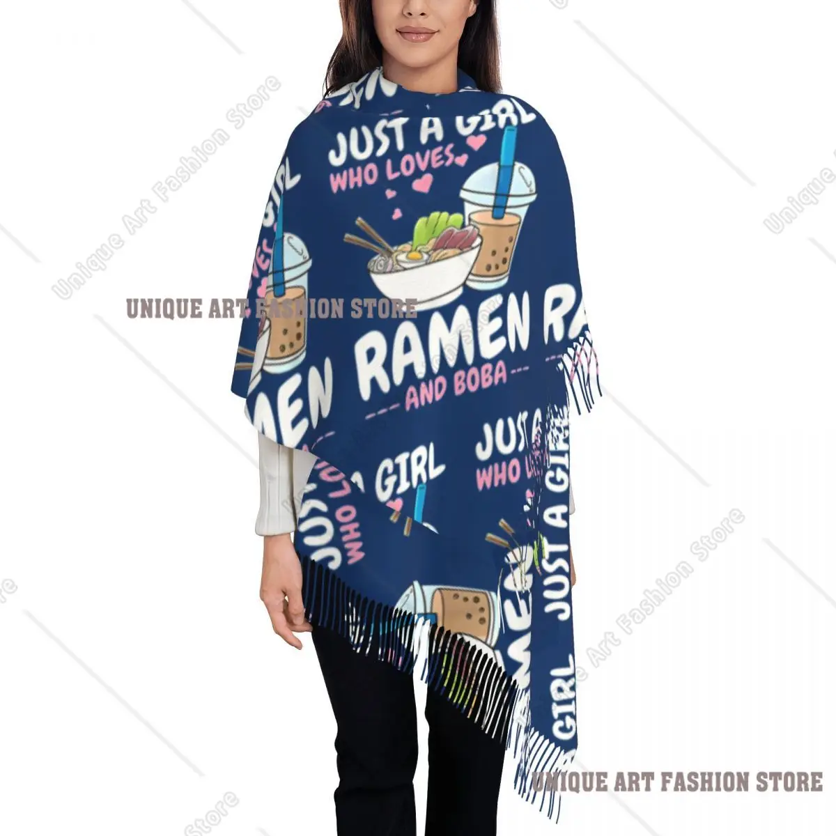 

Женские большие шарфы на заказ «Просто девочка, которая любит рамен и боба», женские зимние толстые теплые шарфы с кисточками и шалью