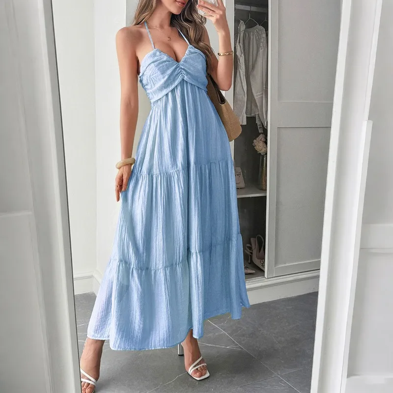 Vestido semitransparente con cuello halter para vacaciones de verano 2025, vestido largo de playa bohemio de Lyocell sin arrugas con abertura lateral